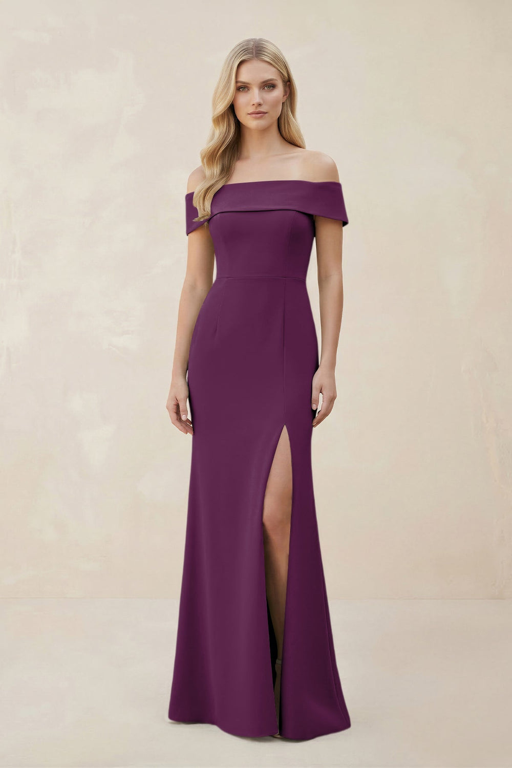 Off - the - Shoulder Satin Sheath Bridesmaid Dress With Slit in Plum - KissProm Bridesmaid Dresses