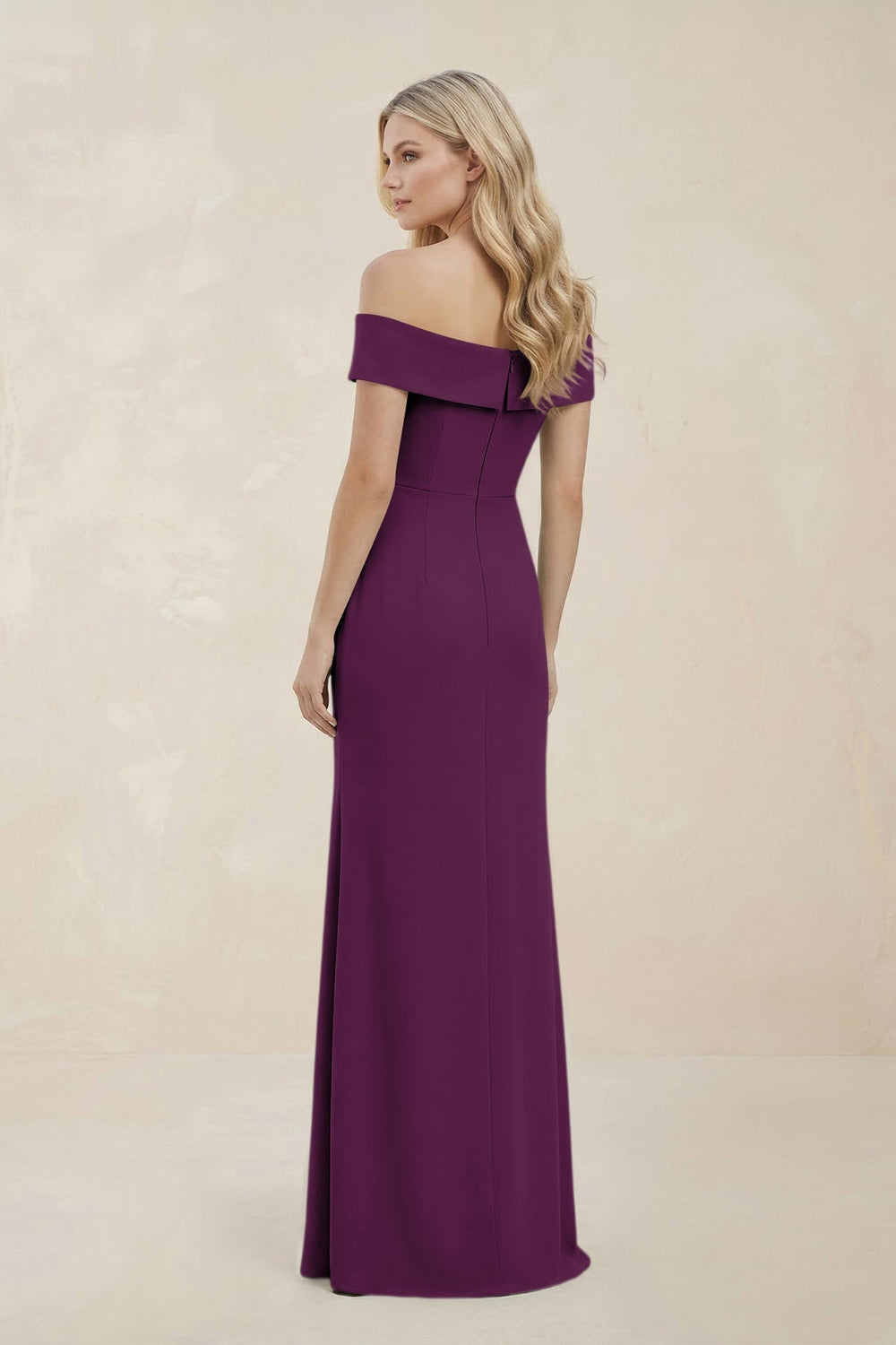 Off - the - Shoulder Satin Sheath Bridesmaid Dress With Slit in Plum - KissProm Bridesmaid Dresses