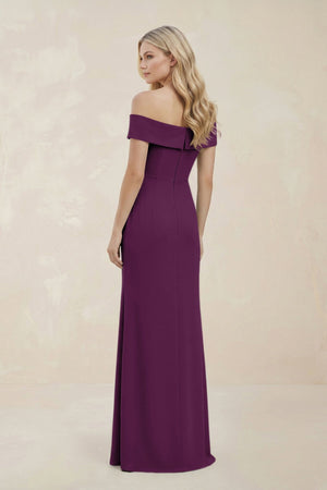 Off - the - Shoulder Satin Sheath Bridesmaid Dress With Slit in Plum - KissProm Bridesmaid Dresses