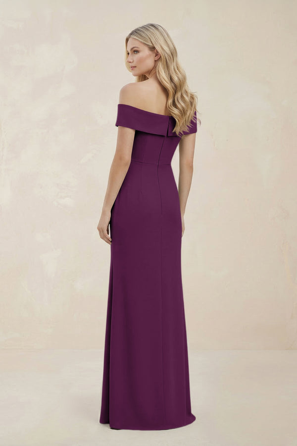 Off - the - Shoulder Satin Sheath Bridesmaid Dress With Slit in Plum - KissProm Bridesmaid Dresses