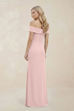 Off - the - Shoulder Satin Sheath Bridesmaid Dress With Slit in Rose Petal - KissProm Bridesmaid Dresses