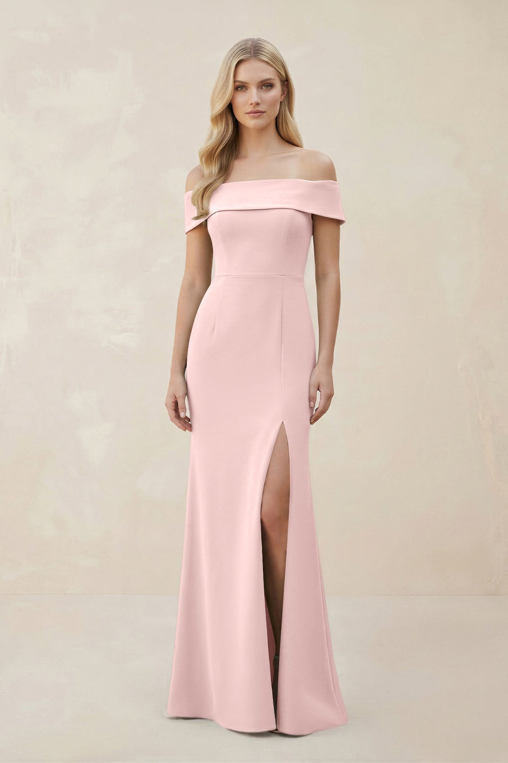 Off - the - Shoulder Satin Sheath Bridesmaid Dress With Slit in Rose Petal - KissProm Bridesmaid Dresses