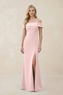 Off - the - Shoulder Satin Sheath Bridesmaid Dress With Slit in Rose Petal - KissProm Bridesmaid Dresses