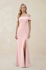 Off - the - Shoulder Satin Sheath Bridesmaid Dress With Slit in Rose Petal - KissProm Bridesmaid Dresses