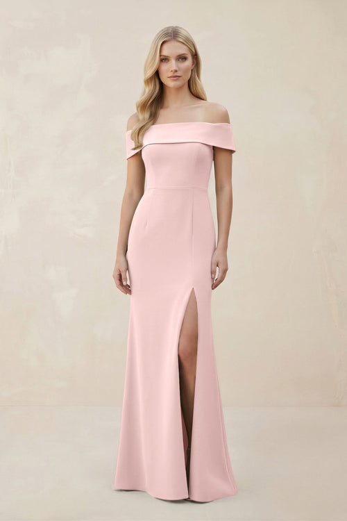 Off - the - Shoulder Satin Sheath Bridesmaid Dress With Slit in Rose Petal - KissProm Bridesmaid Dresses