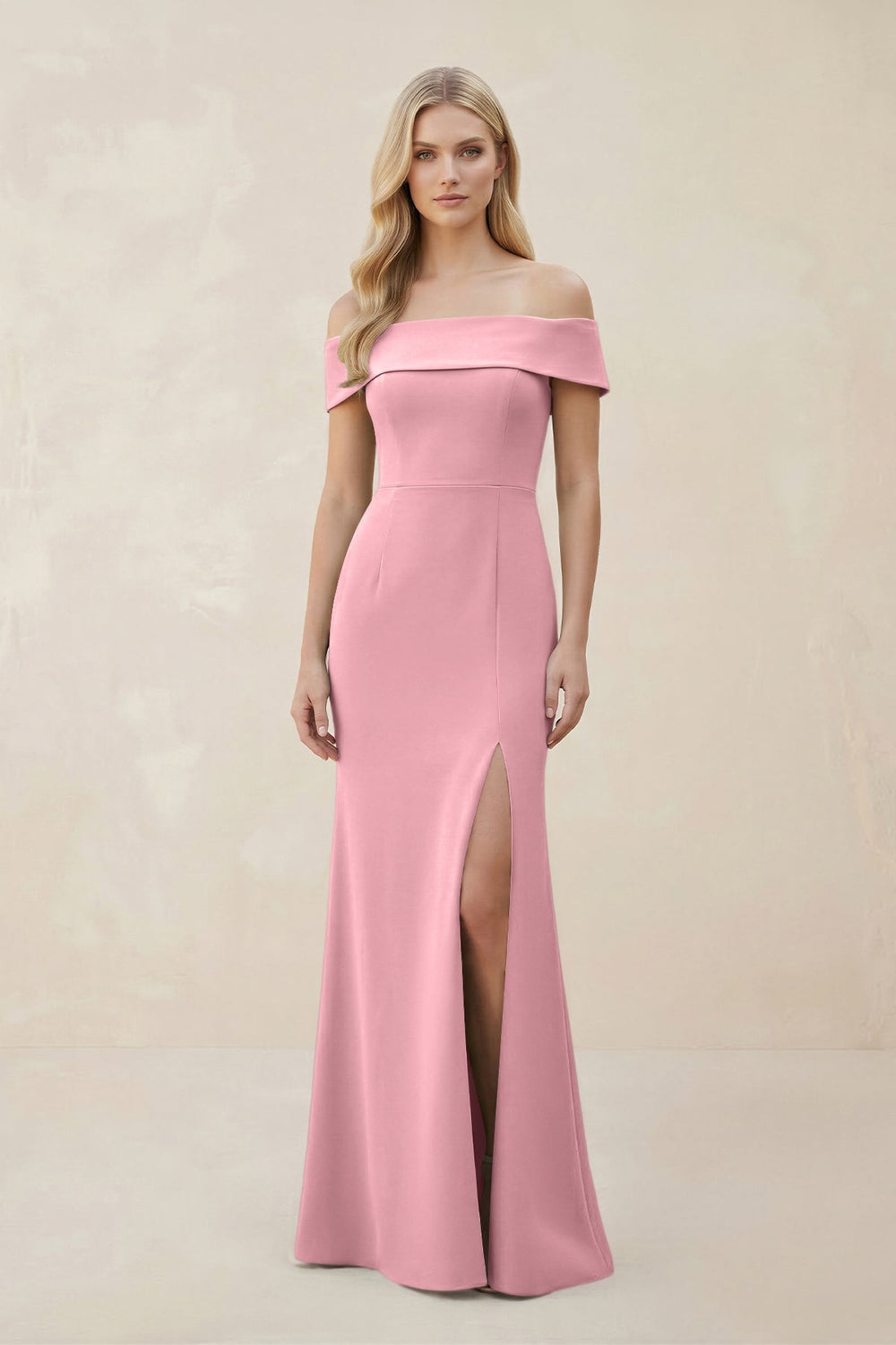 Off - the - Shoulder Satin Sheath Bridesmaid Dress With Slit in Rosette - KissProm Bridesmaid Dresses