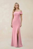 Off - the - Shoulder Satin Sheath Bridesmaid Dress With Slit in Rosette - KissProm Bridesmaid Dresses