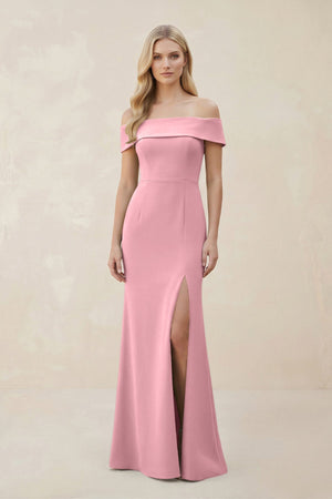 Off - the - Shoulder Satin Sheath Bridesmaid Dress With Slit in Rosette - KissProm Bridesmaid Dresses