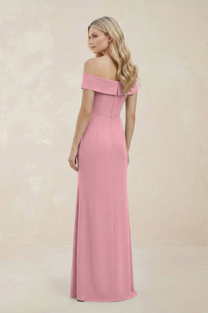 Off - the - Shoulder Satin Sheath Bridesmaid Dress With Slit in Rosette - KissProm Bridesmaid Dresses