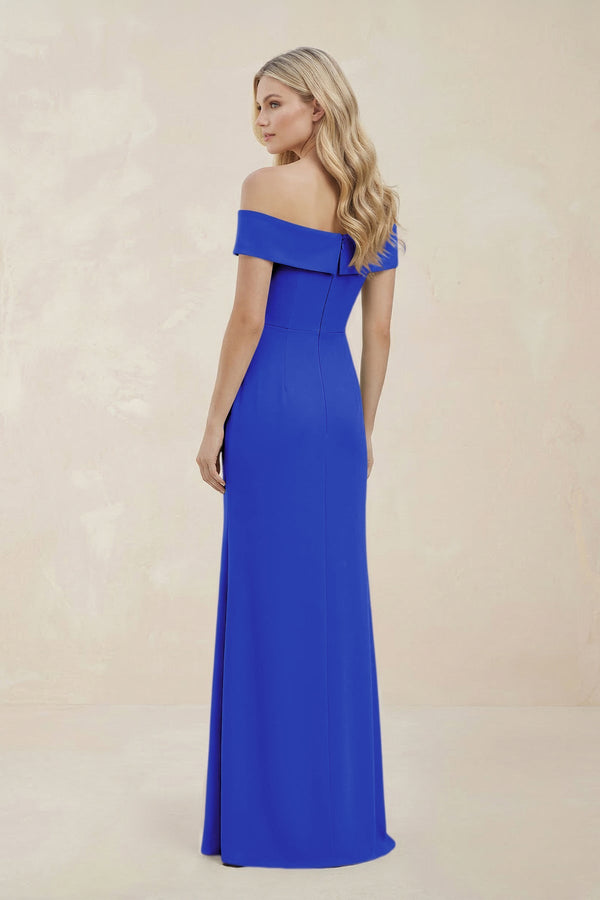 Off - the - Shoulder Satin Sheath Bridesmaid Dress With Slit in Royal Blue - KissProm Bridesmaid Dresses