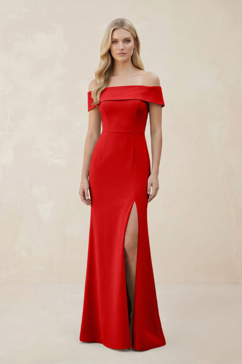 Off - the - Shoulder Satin Sheath Bridesmaid Dress With Slit in Ruby Red - KissProm Bridesmaid Dresses
