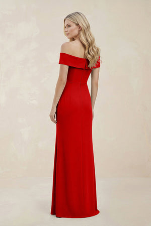 Off - the - Shoulder Satin Sheath Bridesmaid Dress With Slit in Ruby Red - KissProm Bridesmaid Dresses