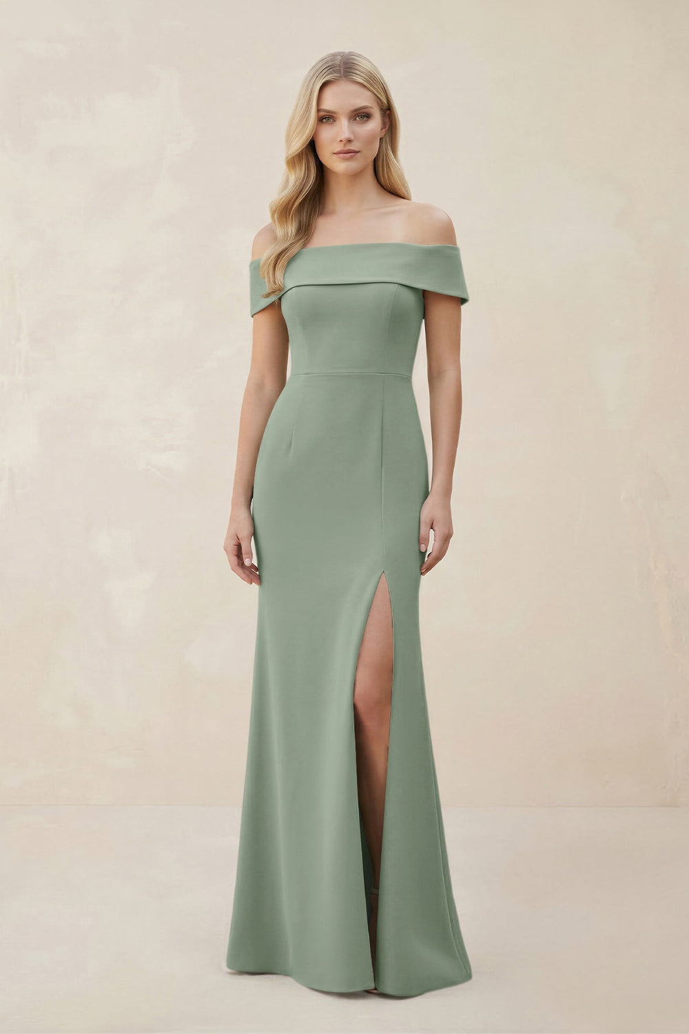 Off - the - Shoulder Satin Sheath Bridesmaid Dress With Slit in Sage - KissProm Bridesmaid Dresses