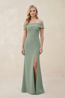 Off - the - Shoulder Satin Sheath Bridesmaid Dress With Slit in Sage - KissProm Bridesmaid Dresses