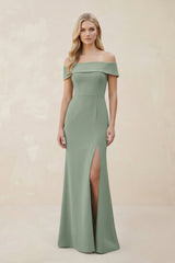 Off - the - Shoulder Satin Sheath Bridesmaid Dress With Slit in Sage - KissProm Bridesmaid Dresses