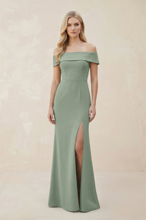Off - the - Shoulder Satin Sheath Bridesmaid Dress With Slit in Sage - KissProm Bridesmaid Dresses