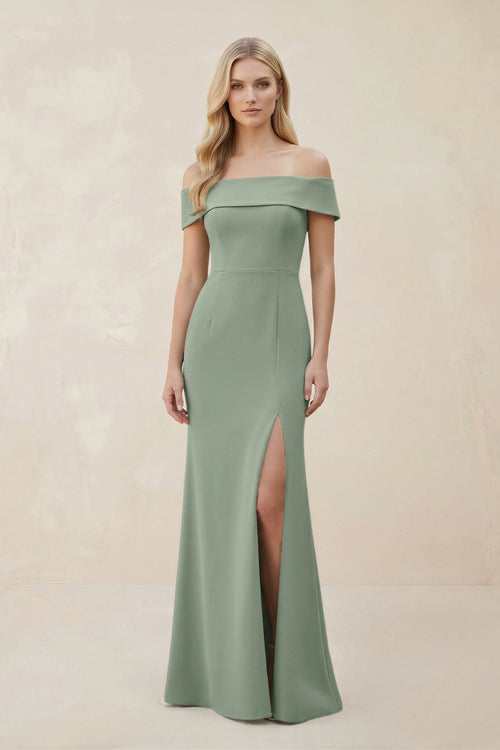 Off - the - Shoulder Satin Sheath Bridesmaid Dress With Slit in Sage - KissProm Bridesmaid Dresses