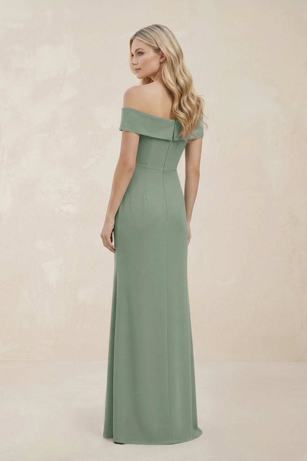 Off - the - Shoulder Satin Sheath Bridesmaid Dress With Slit in Sage - KissProm Bridesmaid Dresses