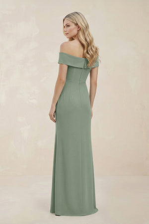 Off - the - Shoulder Satin Sheath Bridesmaid Dress With Slit in Sage - KissProm Bridesmaid Dresses