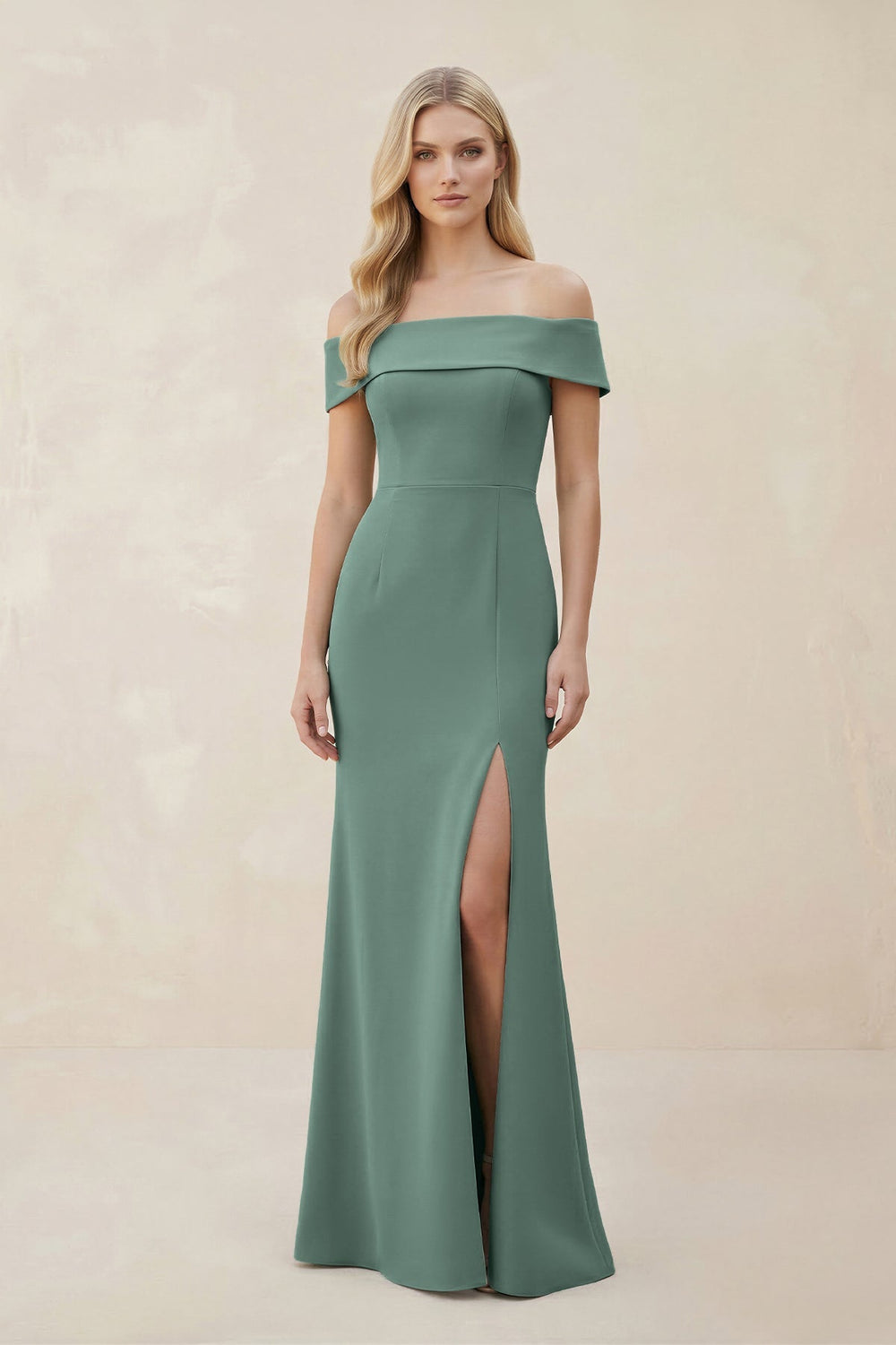 Off - the - Shoulder Satin Sheath Bridesmaid Dress With Slit in Sea Glass - KissProm Bridesmaid Dresses