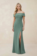 Off - the - Shoulder Satin Sheath Bridesmaid Dress With Slit in Sea Glass - KissProm Bridesmaid Dresses