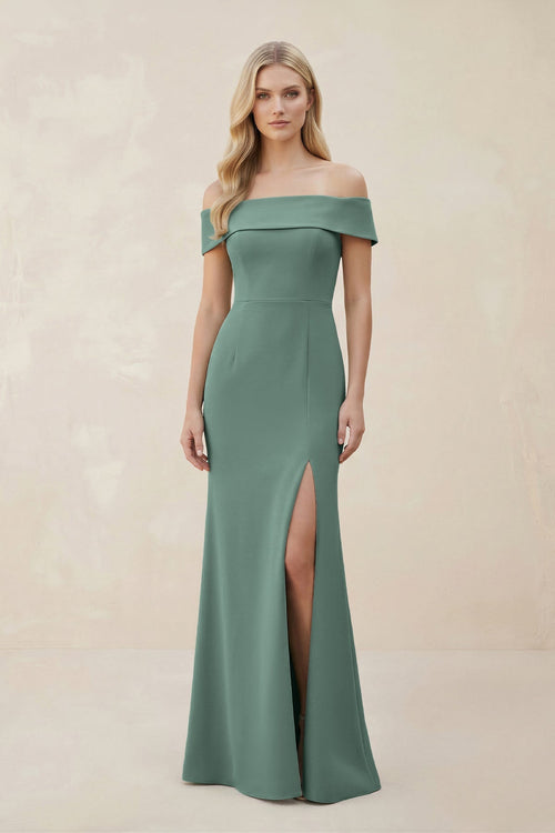 Off - the - Shoulder Satin Sheath Bridesmaid Dress With Slit in Sea Glass - KissProm Bridesmaid Dresses
