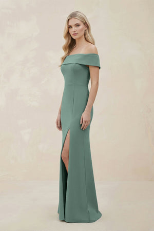 Off - the - Shoulder Satin Sheath Bridesmaid Dress With Slit in Sea Glass - KissProm Bridesmaid Dresses