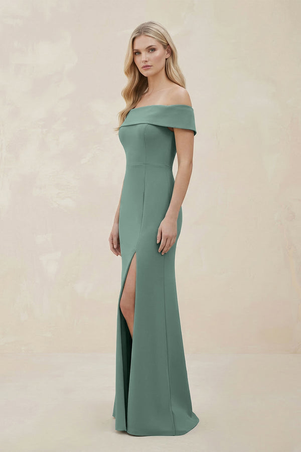 Off - the - Shoulder Satin Sheath Bridesmaid Dress With Slit in Sea Glass - KissProm Bridesmaid Dresses