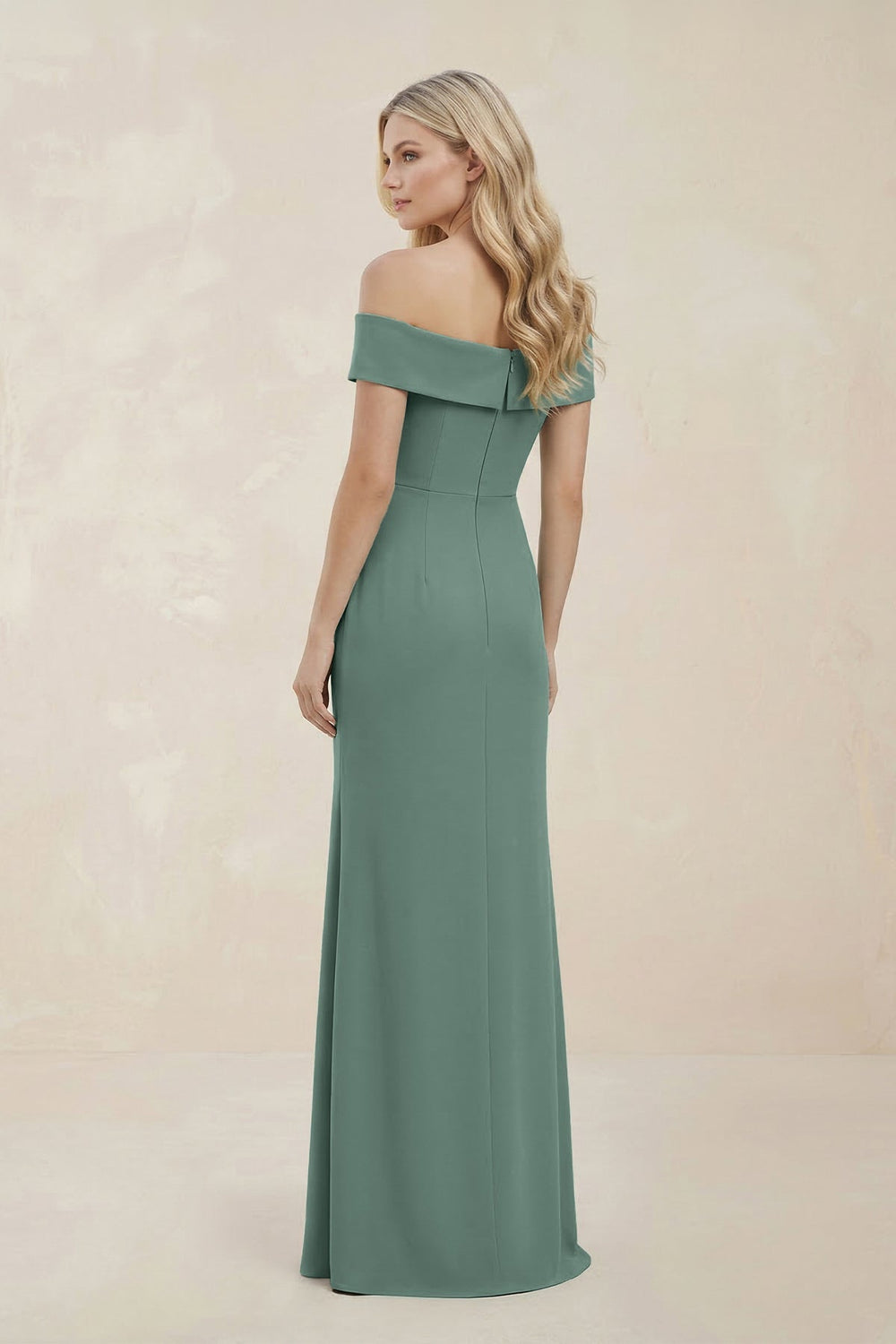 Off - the - Shoulder Satin Sheath Bridesmaid Dress With Slit in Sea Glass - KissProm Bridesmaid Dresses