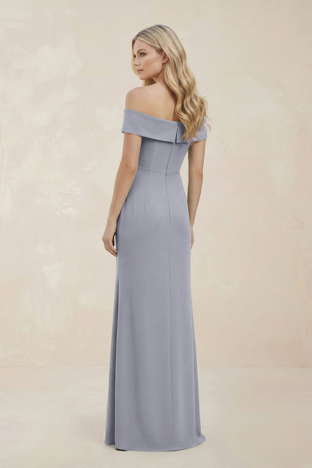 Off - the - Shoulder Satin Sheath Bridesmaid Dress With Slit in Silver - KissProm Bridesmaid Dresses