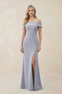Off - the - Shoulder Satin Sheath Bridesmaid Dress With Slit in Silver - KissProm Bridesmaid Dresses