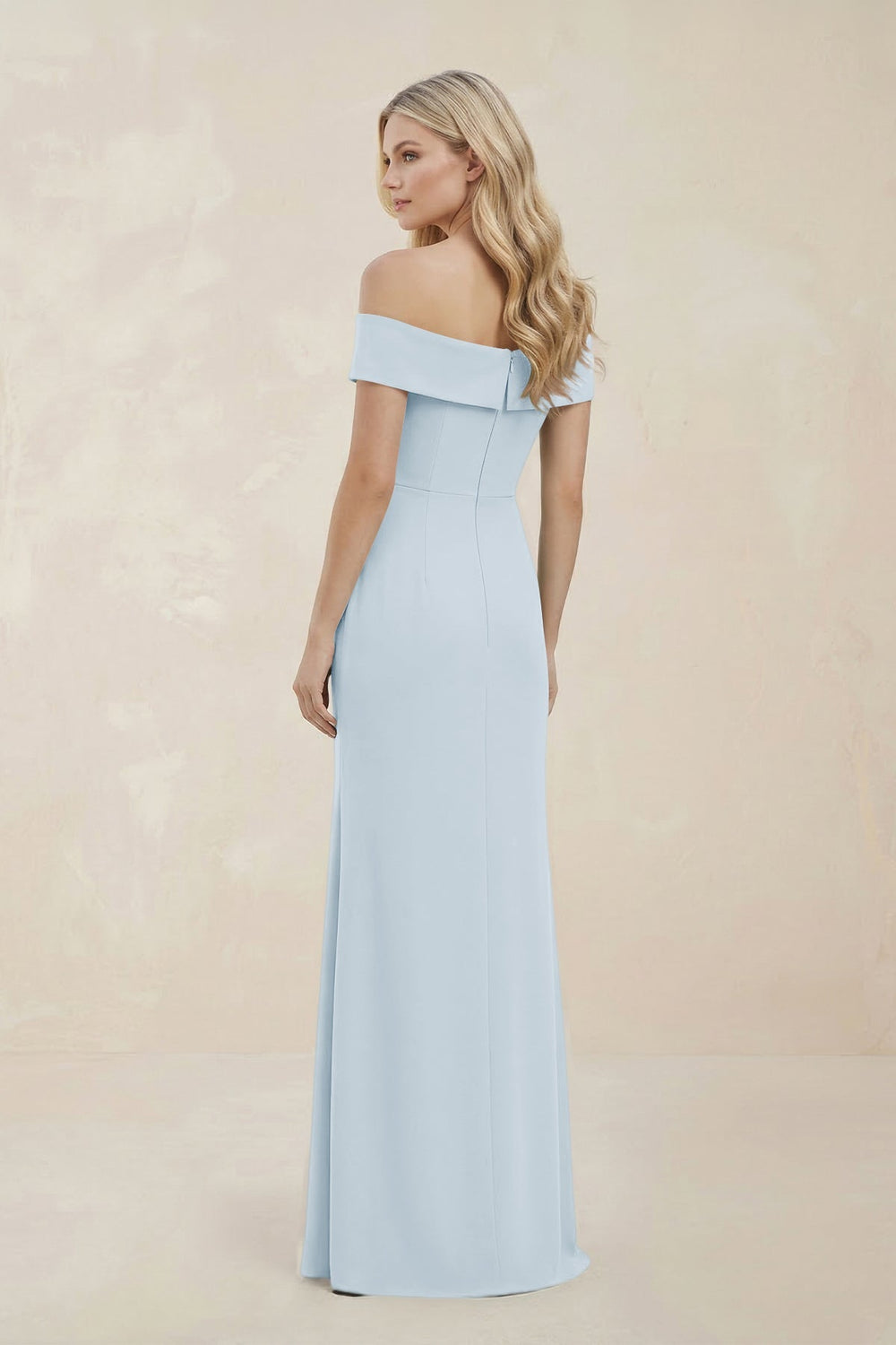 Off - the - Shoulder Satin Sheath Bridesmaid Dress With Slit in Sky Blue - KissProm Bridesmaid Dresses