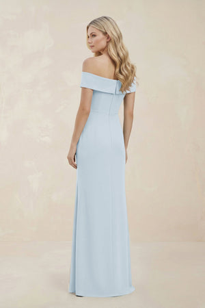 Off - the - Shoulder Satin Sheath Bridesmaid Dress With Slit in Sky Blue - KissProm Bridesmaid Dresses