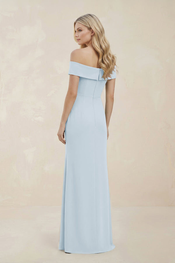 Off - the - Shoulder Satin Sheath Bridesmaid Dress With Slit in Sky Blue - KissProm Bridesmaid Dresses