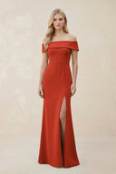 Off - the - Shoulder Satin Sheath Bridesmaid Dress With Slit in Spice - KissProm Bridesmaid Dresses