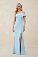 Off - the - Shoulder Satin Sheath Bridesmaid Dress With Slit in Steel Blue - KissProm Bridesmaid Dresses