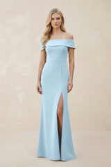 Off - the - Shoulder Satin Sheath Bridesmaid Dress With Slit in Steel Blue - KissProm Bridesmaid Dresses