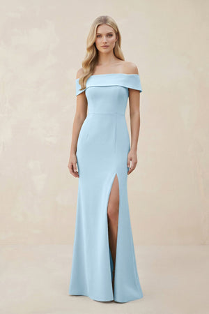 Off - the - Shoulder Satin Sheath Bridesmaid Dress With Slit in Steel Blue - KissProm Bridesmaid Dresses