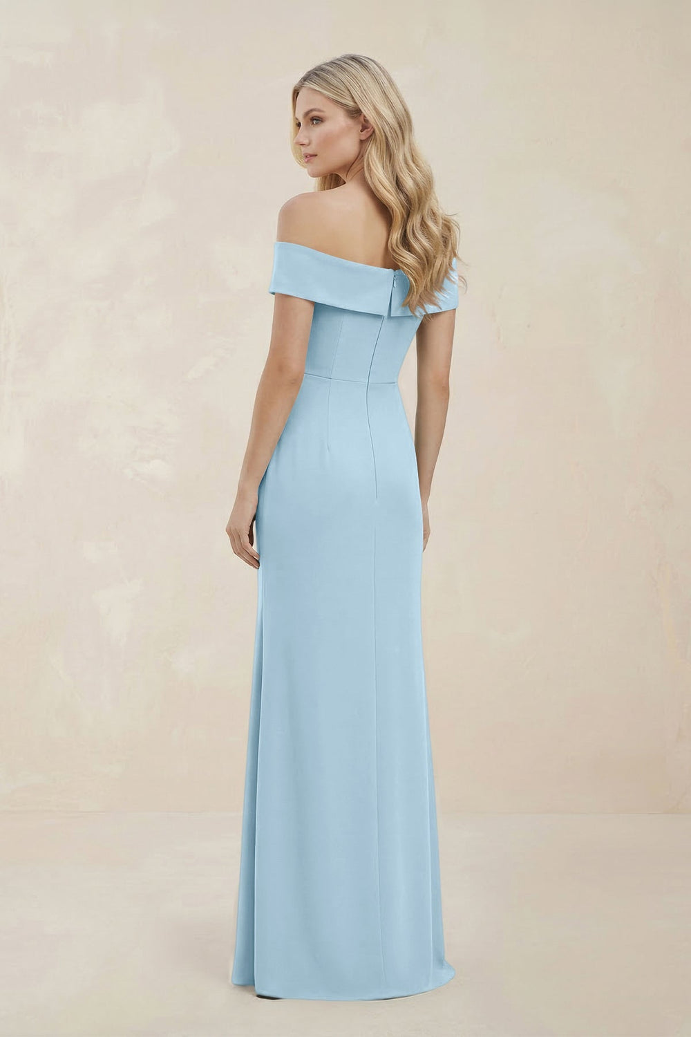 Off - the - Shoulder Satin Sheath Bridesmaid Dress With Slit in Steel Blue - KissProm Bridesmaid Dresses