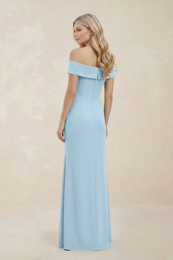 Off - the - Shoulder Satin Sheath Bridesmaid Dress With Slit in Steel Blue - KissProm Bridesmaid Dresses