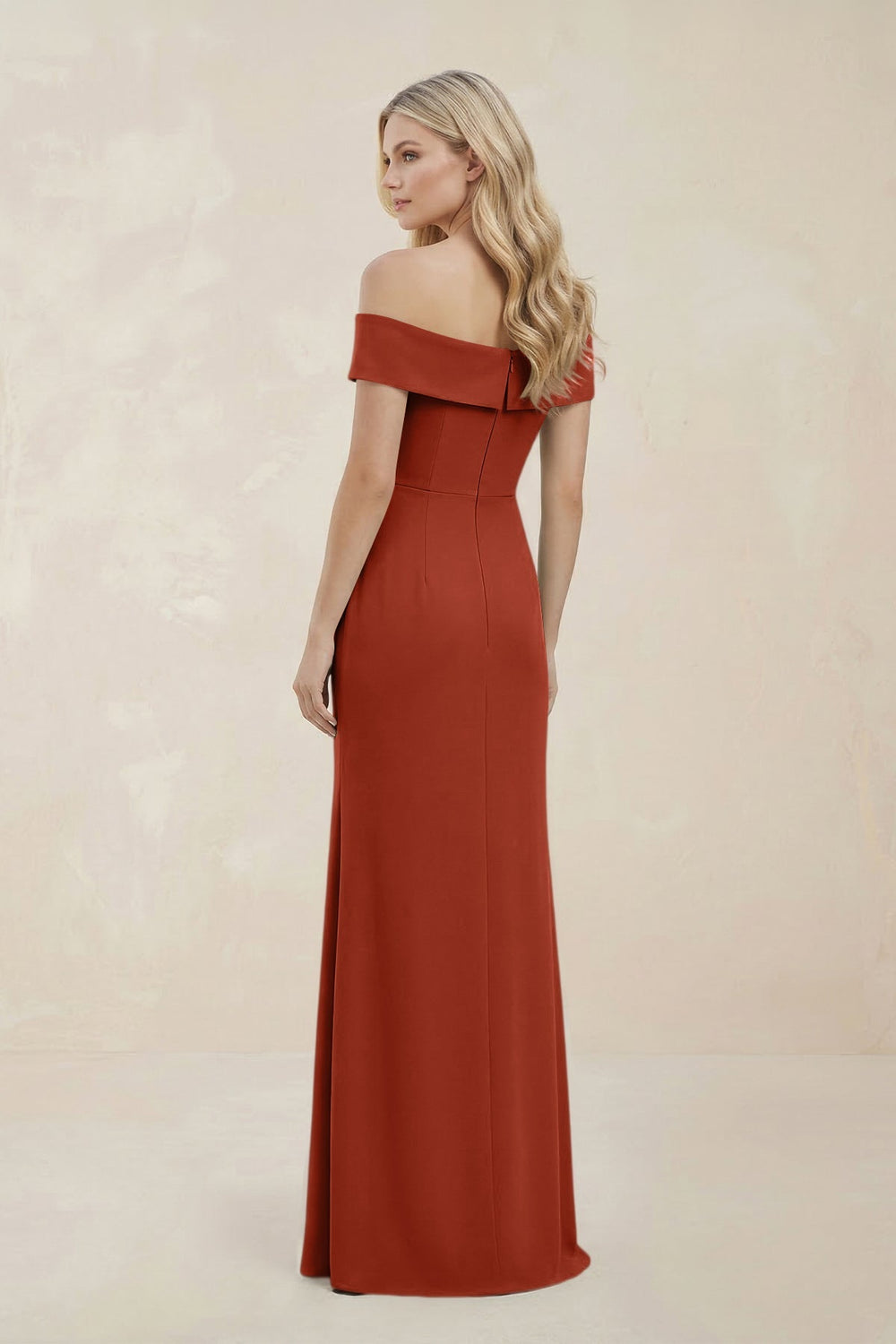 Off - the - Shoulder Satin Sheath Bridesmaid Dress With Slit in Terracotta - KissProm Bridesmaid Dresses