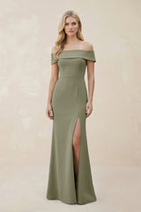 Off - the - Shoulder Satin Sheath Bridesmaid Dress With Slit in Thyme - KissProm Bridesmaid Dresses