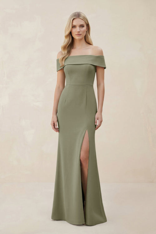 Off - the - Shoulder Satin Sheath Bridesmaid Dress With Slit in Thyme - KissProm Bridesmaid Dresses