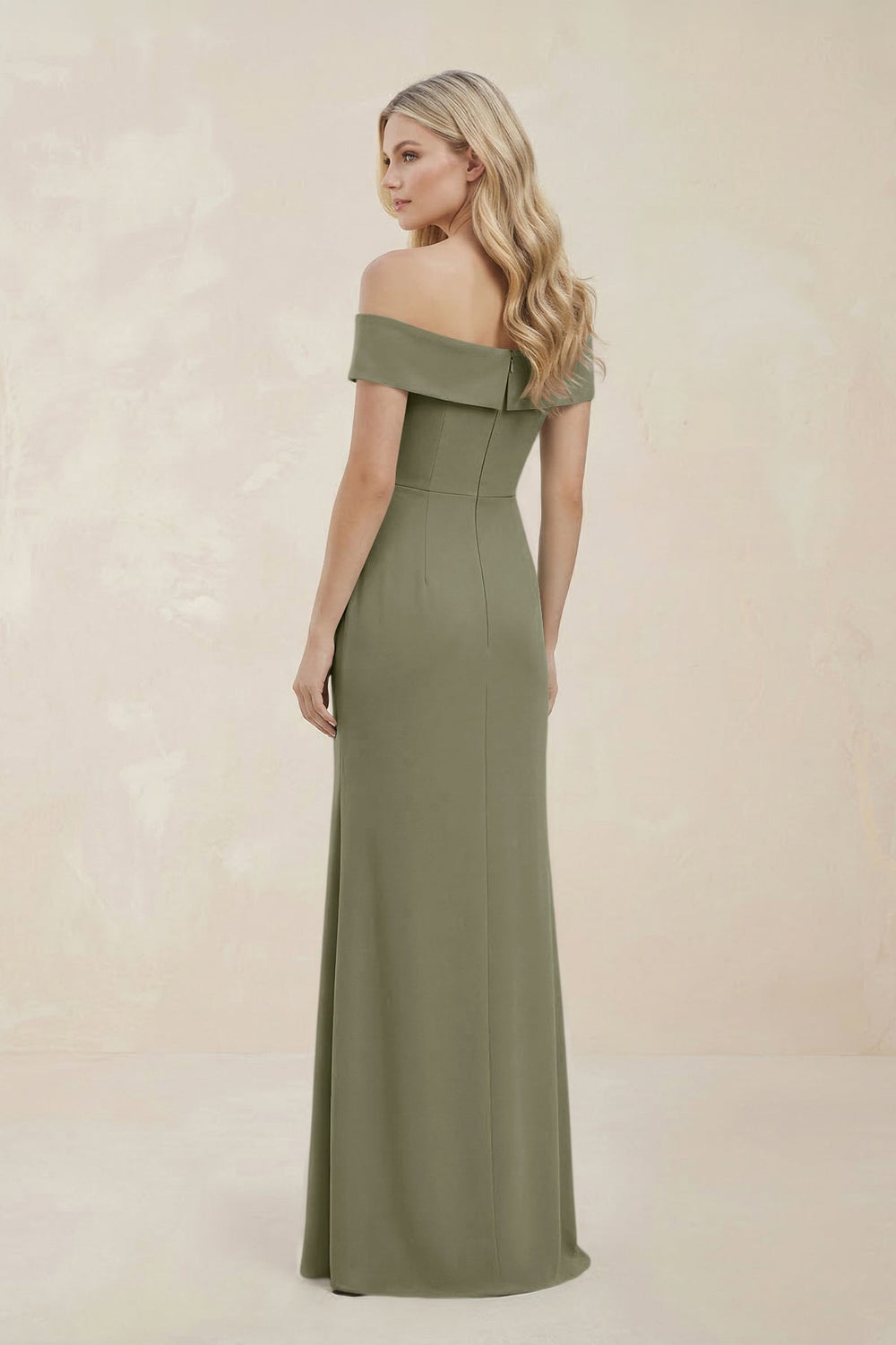 Off - the - Shoulder Satin Sheath Bridesmaid Dress With Slit in Thyme - KissProm Bridesmaid Dresses