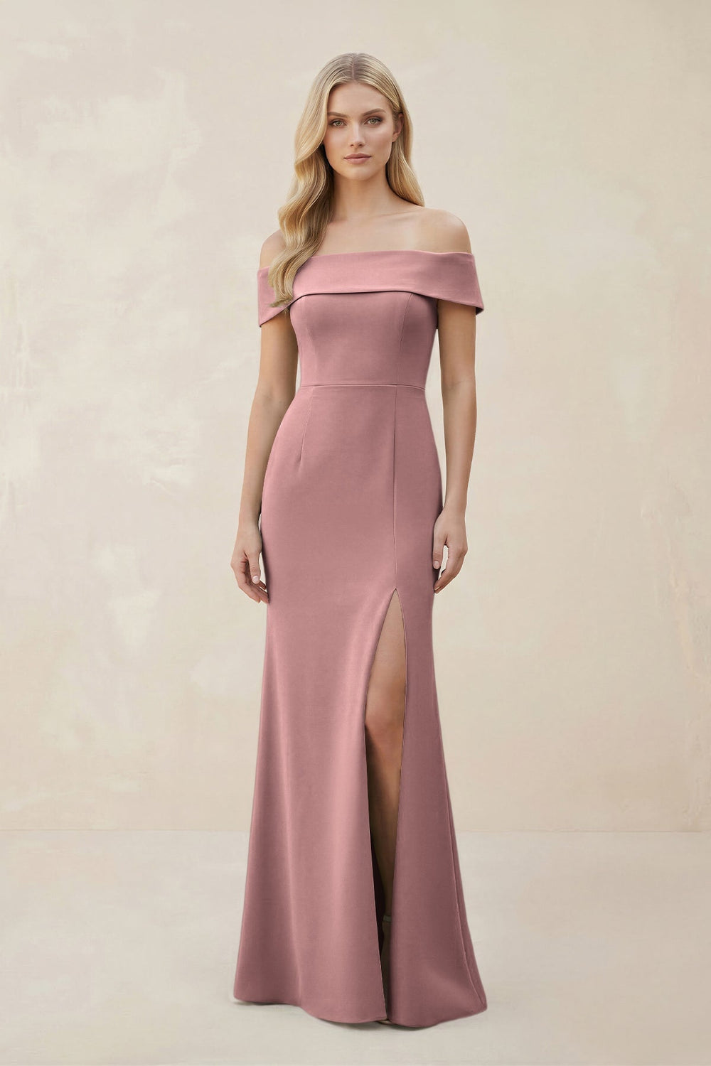 Off - the - Shoulder Satin Sheath Bridesmaid Dress With Slit in Toffee - KissProm Bridesmaid Dresses