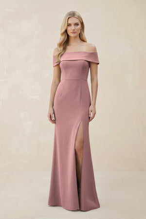 Off - the - Shoulder Satin Sheath Bridesmaid Dress With Slit in Toffee - KissProm Bridesmaid Dresses