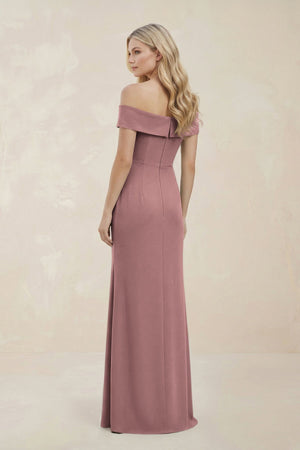 Off - the - Shoulder Satin Sheath Bridesmaid Dress With Slit in Toffee - KissProm Bridesmaid Dresses