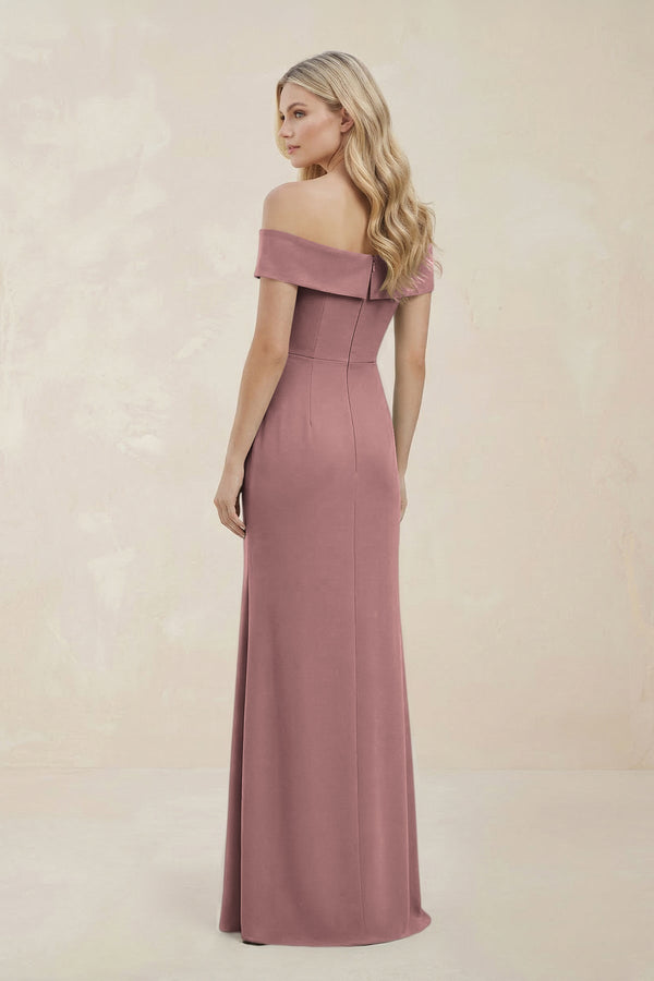Off - the - Shoulder Satin Sheath Bridesmaid Dress With Slit in Toffee - KissProm Bridesmaid Dresses