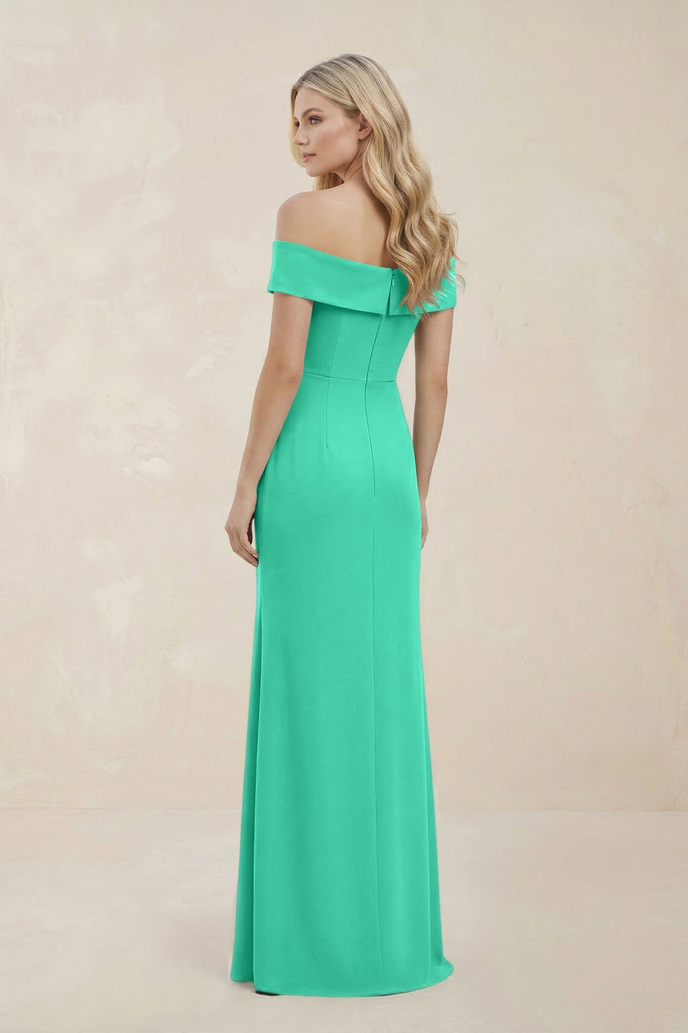 Off - the - Shoulder Satin Sheath Bridesmaid Dress With Slit in Turquoise - KissProm Bridesmaid Dresses