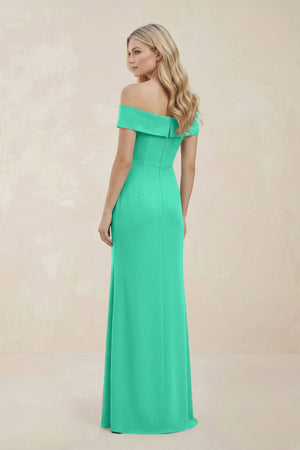 Off - the - Shoulder Satin Sheath Bridesmaid Dress With Slit in Turquoise - KissProm Bridesmaid Dresses